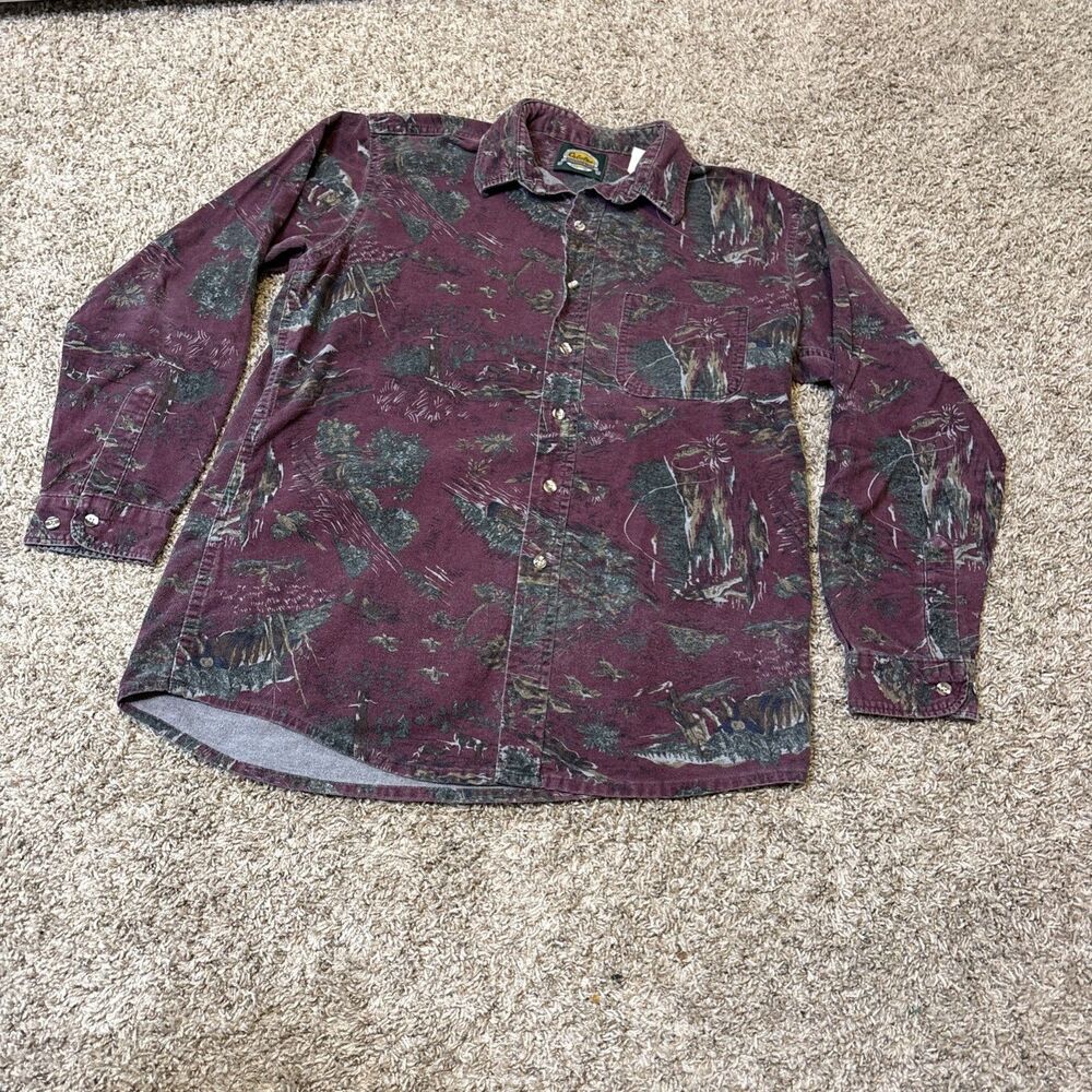Vtg Cabelas Button Down T Shirt Mens Sz Large Tall Made In USA 90s Nature Aop